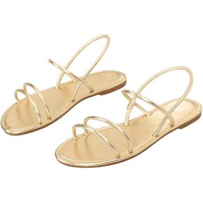 GORGLITTER Women's Metallic Strappy Flat Sandals Open Toe Dressy Ankle Strap Vacation Slide Sandal