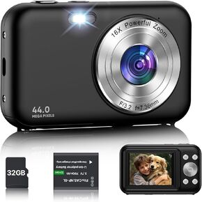 Digital Camera, FHD 1080P Digital Camera for Kids, 44MP Point and Shoot Camera with 32GB SD Card, 16X Zoom Anti Shake, Compact Portable Camera for Boys Girls - Black