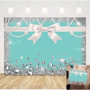 Breakfast Blue Bow-Knot Birthday Party Photography Backdrop Sweet 16 Turquoise Diamond Bow Glitter Photo Background 5x3ft Vinyl Bridal Shower Wedding Party Banner Supplies Backdrops Studio Props