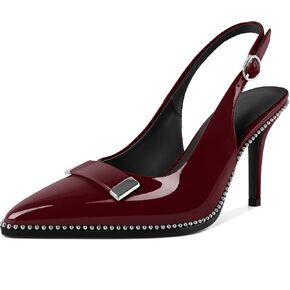 YODEKS Slingback Heels for Women Closed Pointed Toe Stiletto Beaded Studded High Heel Pumps Metal Buckle Black Lining Shoes 3.5 Inch for Wedding Party Business Burgundy Patent US Size 9