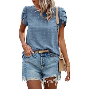 PRETTYGARDEN Women's Summer Chiffon Swiss Dot Casual Tops Round Neck Ruffle Short Sleeve Loose Fit Tunic T Shirt (Pink, Small)