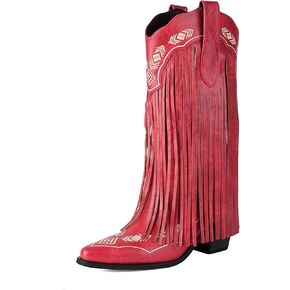 Embroidered Fringe Cowboy Boots for Women, Pull On Mid Calf Chunky Block Heel Pointed Toe Western Cowgirl Boots Riding Country Boot Retro Boots