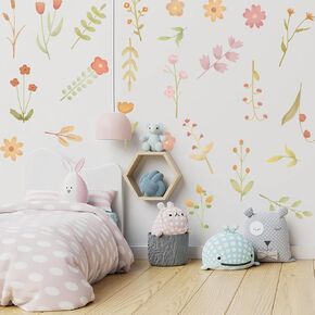 Boho Flower Wall Decals,Colourful Flower Wall Sticker for Girls Bedroom,Plants Leaves Blossom Wallpaper for Nursery,Floral Window Cling,Spring Wildflower Sticker for Kids Room Toddler Room
