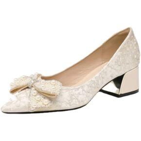 Womens Pearl Rhinestone Low Chunky Heels Slip On Pumps Shiny Pointed Toe Wedding Dress Shoes for Party Wedding Dating