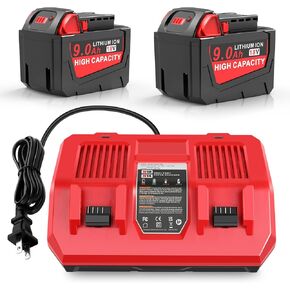 2 Pack 18V 9Ah WK1890 Replacement Battery N14-N18 18V Battery Charger Combo Compatible with Milwaukee Mk-18 48-11-1850, 48-11-1852, 48-11-1862, 48-11-1880, 48-11-1812, 48-11-1820