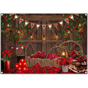 ZTHMOE 7x5ft Polyester Valentine's Day Rustic Barn Door Red Rose Photography Backdrop Romantic Wooden House Background Vintage Banner Light Decorations Couple Photo Props