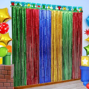 Super Bros Birthday Party Decoration 2 Pack Blue Red Green Yellow Foil Fringe Curtains Tinsel Photo Booth Props Streamers Backdrop Video Game Theme for Boys Birthday Party Supplies