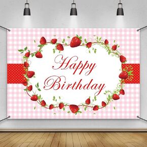 AWERT Polyester 6x3.6ft Happy Birthday Banner Red Strawberry Birthday Party Decorations Banner for Girls Birthday Party Supplies Strawberry Theme Party Decorations