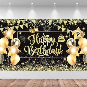 Happy Birthday Party Backdrops Cloth Photography Backgrounds Birthday Banner Sign in Yard Decoration Supplies for Men Women Photo Booth Props Gold Black, 1 Pack
