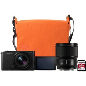 Panasonic Lumix S9N Full-Frame Mirrorless Camera with Lumix S9 1840 Lens Kit (Black) Bundle with Panasonic Lumix S 35mm f1.8 (L-Mount), 64GB SD Card, and DSLR Camera Bag (Amber) (4 Items)