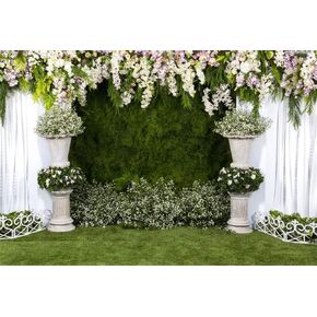 Laeacco Arch Wedding Flowers Backdrop 10x8ft Vinyl Photography Background Stone Planter Flowers White Curtain Green Ivy Wall Decoration Outdoos Ceremony Green Grassfield Backdrop