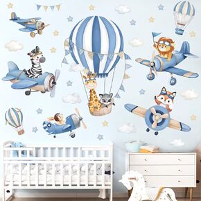 decalmile Blue Hot Air Balloon Animals Wall Decals Airplane Animals Giraffe Lion Fox Wall Stickers Baby Nursery Kids Bedroom Living Room Wall Decor