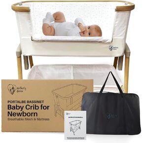 Baby Bassinet Bedside Sleeper, Portable Crib for Newborns, Adjustable 7-Height Auto-Lock, with Wheels, Soft Mattress & Breathable Mesh
