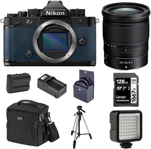 Nikon Z f Mirrorless Camera, Blue with NIKKOR Z 24-70mm f/4 S Lens, Bundle with Battery, 128GB Memory Card, W49 Mini LED Light and Tripod in Saudi Arabia