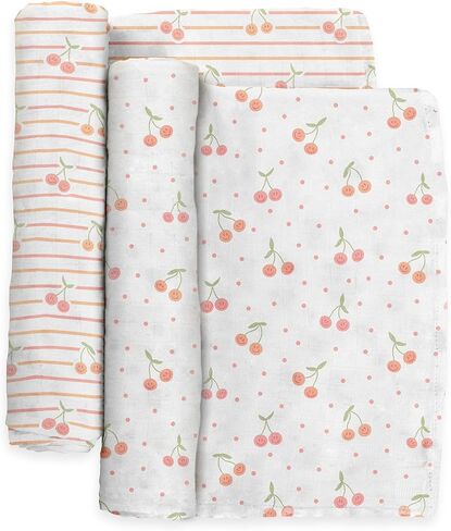 JuJuBe x Studio Oh! Baby Essentials Swaddle Blanket Set - Soft, Comfortable, Neutral Newborn Baby Swaddle Blankets for Baby Shower & Baby Registry - Nursery Essentials - Cherry Cute in Kuwait