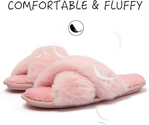 katliu Women's Cross Band Furry Slippers Cozy Plush House Slippers Open Toe Soft Fuzzy Slippers Memory Foam Indoor Slippers in Kuwait