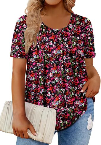 Magritta Womens Plus Size Tops Flowy Summer Blouses Short Sleeve Shirts Pleated Dressy Tunic Tops in Kuwait