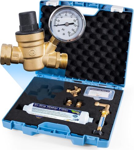 RV Fresh Water Kit - RV Water Pressure Regulator, Inline Water Filter, Hose Splitter, Brass Elbow, Flexible Connector, Hose Quick Connects, Leak Repair Kit, and Carrying Case in Saudi Arabia