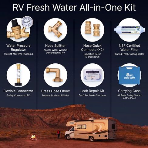 RV Fresh Water Kit - RV Water Pressure Regulator, Inline Water Filter, Hose Splitter, Brass Elbow, Flexible Connector, Hose Quick Connects, Leak Repair Kit, and Carrying Case in Saudi Arabia