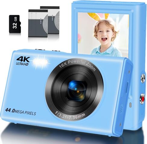 Digital Camera, Saneen FHD Kids Cameras for Photography, 4K 44MP Compact Point and Shoot Camera for Kids, Teens & Beginners with 32GB Card,16X Digital Zoom, 2 Rechargeable Batteries-Blue in Saudi Arabia