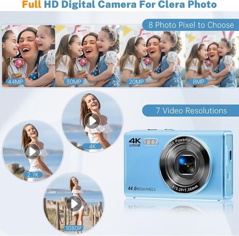 Digital Camera, Saneen FHD Kids Cameras for Photography, 4K 44MP Compact Point and Shoot Camera for Kids, Teens & Beginners with 32GB Card,16X Digital Zoom, 2 Rechargeable Batteries-Blue in Saudi Arabia