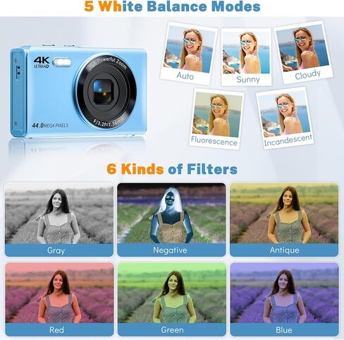 Digital Camera, Saneen FHD Kids Cameras for Photography, 4K 44MP Compact Point and Shoot Camera for Kids, Teens & Beginners with 32GB Card,16X Digital Zoom, 2 Rechargeable Batteries-Blue in Saudi Arabia