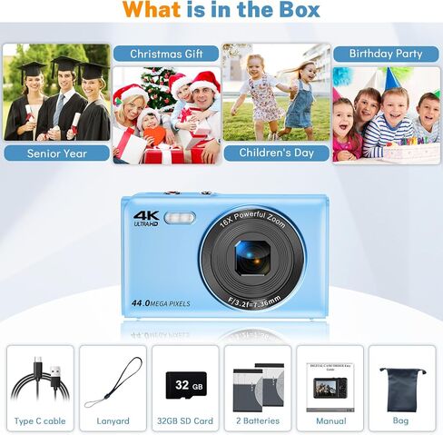 Digital Camera, Saneen FHD Kids Cameras for Photography, 4K 44MP Compact Point and Shoot Camera for Kids, Teens & Beginners with 32GB Card,16X Digital Zoom, 2 Rechargeable Batteries-Blue in Saudi Arabia