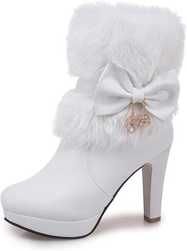 Women's Furry Chunky Heel Ankle Boots Comfortable Round Toe Side Zipper High Heel Winter Warm Short Boots Grace Bow Rhinestones Dress Booties in Kuwait