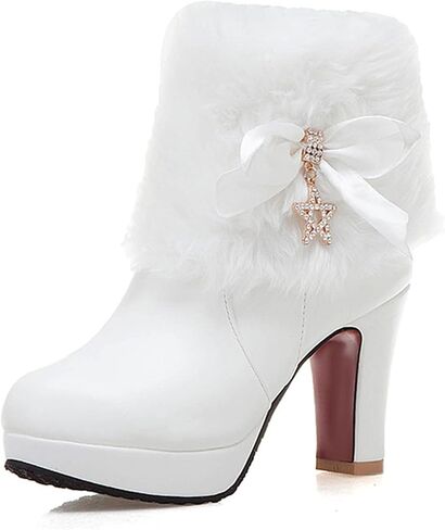 Women's Furry Chunky Heel Ankle Boots Comfortable Round Toe Side Zipper High Heel Winter Warm Short Boots Grace Bow Rhinestones Dress Booties in Kuwait