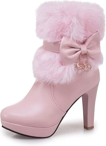 Women's Furry Chunky Heel Ankle Boots Comfortable Round Toe Side Zipper High Heel Winter Warm Short Boots Grace Bow Rhinestones Dress Booties in Kuwait