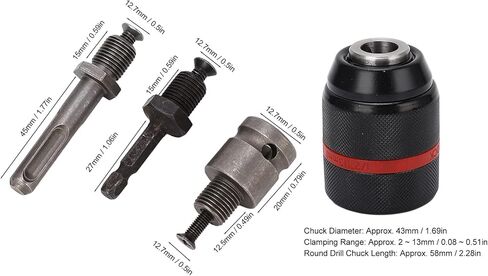 تشاك الحفر ، استبدال تشاك تشاك شد ذاتي الحفر تشاك 1/2-20UNF اتصال 2‑13MM المدى المدى المتغير السريع مع 3 قضيب لإصلاح أجزاء مختلفة (الجولة 58 ملم in Kuwait