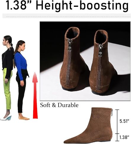 Women's Suede Flat Ankle Boots with Back Zipper Retro Comfortable Pointed Toe Internal Height Increase Wedge Short Bootie Fall Winter Daily Casual Dress Boots in Kuwait