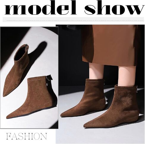 Women's Suede Flat Ankle Boots with Back Zipper Retro Comfortable Pointed Toe Internal Height Increase Wedge Short Bootie Fall Winter Daily Casual Dress Boots in Kuwait