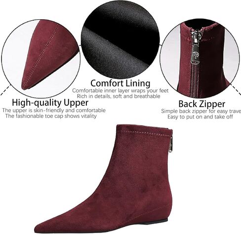 Women's Suede Flat Ankle Boots with Back Zipper Retro Comfortable Pointed Toe Internal Height Increase Wedge Short Bootie Fall Winter Daily Casual Dress Boots in Kuwait