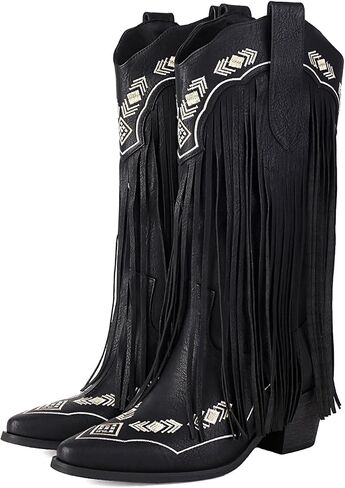 Embroidered Fringe Cowboy Boots for Women, Pull On Mid Calf Chunky Block Heel Pointed Toe Western Cowgirl Boots Riding Country Boot Retro Boots in Kuwait