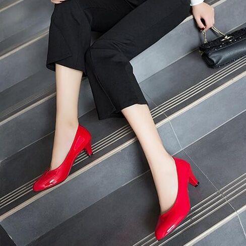 Women's Patent Leather Stiletto Heel Pumps Comfortable Round Toe Slip On Low Mid Heel Non Slip Business Office Dress Shoes in Kuwait