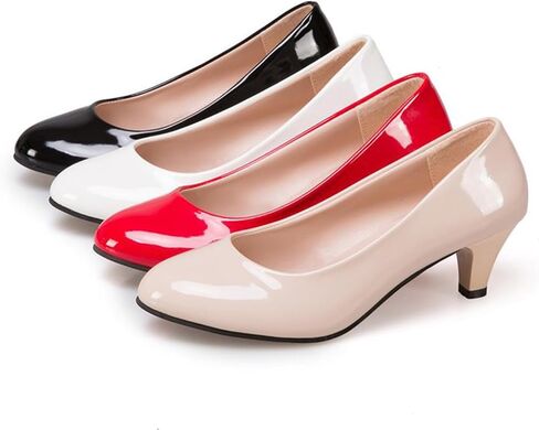 Women's Patent Leather Stiletto Heel Pumps Comfortable Round Toe Slip On Low Mid Heel Non Slip Business Office Dress Shoes in Kuwait