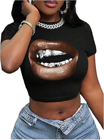 WDIRARA Women's Graphic Lip Print Crop Tee Shirt Round Neck Short Sleeve T-Shirt Slim Fit Top in Kuwait