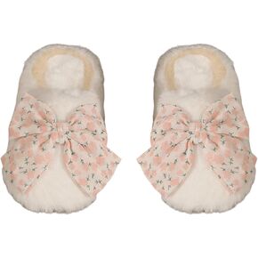 OYOANGLE Women's Floral Print Bow Decor Round Toe Faux Fur Slippers Comfortable Fuzzy Warm Slippers