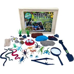 Insects and Reptiles Putty Explorers Educational Sensory Kit Wooden Play Box Bugs Snakes Science Life Moldable Sand Kit STEM Educational Toys Science Teacher Classroom Gifts Lizards Volcano Easter
