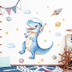 Tanlaby Large Blue Dinosaur Wall Stickers Space Dino Astronaut Wall Decals Peel and Stick Rocket Planets Clouds Art Decor for Baby Nursery Boys Girls Kids Toddler Bedroom Playroom Classroom