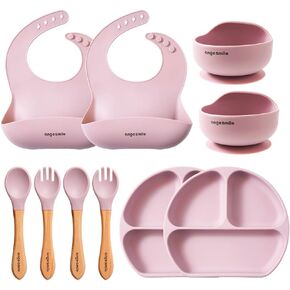 Baby Feeding Essentials Silicone Ange Smile 12 Set Bib, Baby Bowl, Suction Plate, Spoon, Fork Eating Utensils for 6+ Months Kids Toddler Kawaii (Pink)
