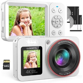 Deatti Digital Camera,FHD 4K Camera with Dual Screen 64GB SD Card 2 Batteries,Digital Point and Shoot Camera,18X Zoom,Anti Shake Portable Rechargeable Camera for Teens Boys Girls Kids,White