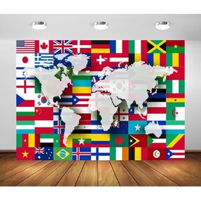 BELECO 7X5ft Fabric World Flags Backdrop World Map International Flag Country Flags Background for Themed Party Decorations Home Decor Photo Booth Studio Props