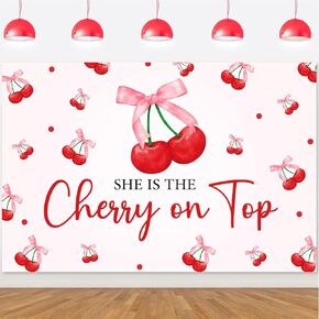 She's The Cherry on Top Backdrop Fruit Themed Bachelorette Party Backdrop Cherry on Top Party Decor Cherry Baby Shower Decor for Women Baby Girl Bday Baby Shower Bachelorette Party Supplies 5 * 3ft