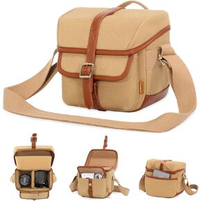 Cwatcun Canvas Camera Bag with Leather Trim,Vintage Aesthetic Camera Shoulder Messenger Bag Crossbody with luggage strap Compatible for Nikon, Canon, Sony Fuji DSLR/SLR Mirrorless Camera,Lenses,Khaki
