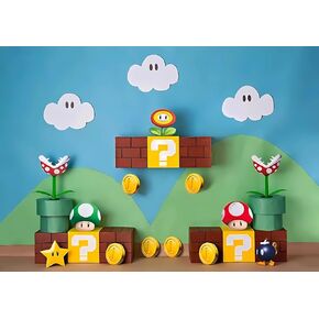 Cartoon Backdrop Blue Sky Photography Background Game on Backdrops Banner for Baby Shower Happy Birthday Video Game Party Decoration Studio Booth Photo Props 7X5 FT Fabric