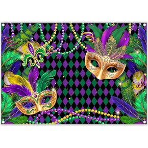 8x6ft Polyester Mardi Gras Photography Backdrop Masquerade Carnival Background Fiesta Purple Green Gold Beads Mask Party Decorations Photo Banner