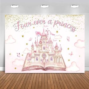 Mocsicka 4th Birthday Backdrop for Princess Castle Party Decorations 7x5ft Pink Gold Glittle Castle Four Ever a Princess Birthday Background Happy 4th Birthday Girls Birthday Decorations