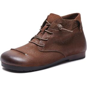 Women's Genuine Leather Flat Ankle Boots Retro Comfortable Round Toe Elastic Lace-up Anti-slip Soft Bottom Low Heel Booties Casual Office Soft Walking Boots